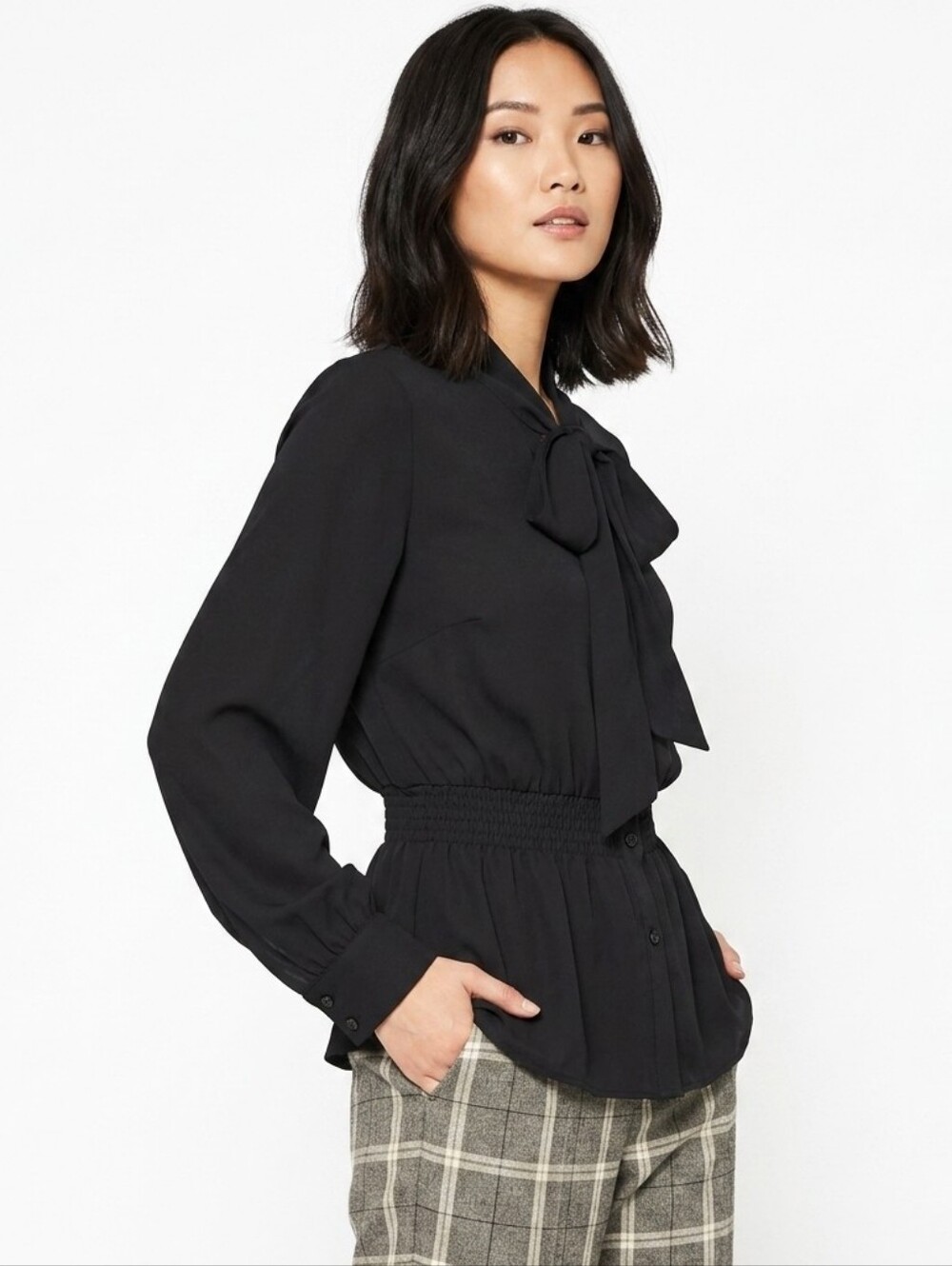 Pleione Plus SizeTie Neck Button Down Peplum Blouse With Neck Tie